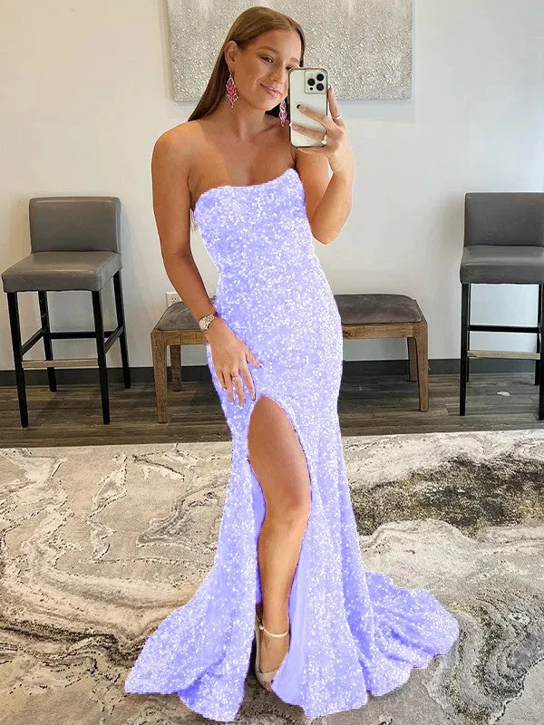 Fuchsia Sheath Strapless Sleeveless Long Sweep Train Velvet Sequin Prom Dress (AF1012)