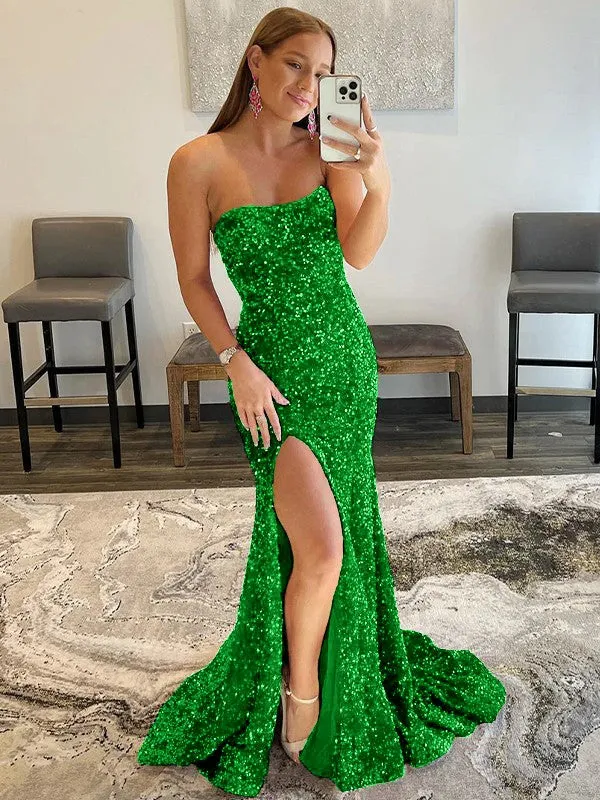 Fuchsia Sheath Strapless Sleeveless Long Sweep Train Velvet Sequin Prom Dress (AF1012)