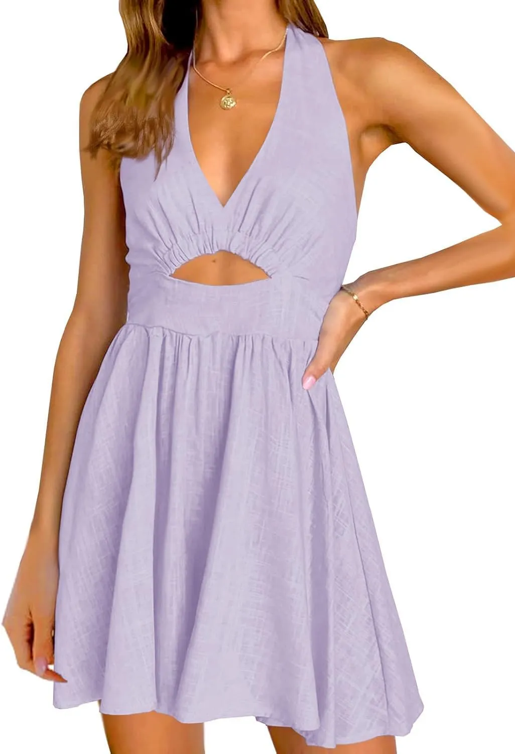 Inorin Womens Summer Sleeveless Halter V Neck Backless Cut Out Sexy Casual Party Swing Flared Mini Dress