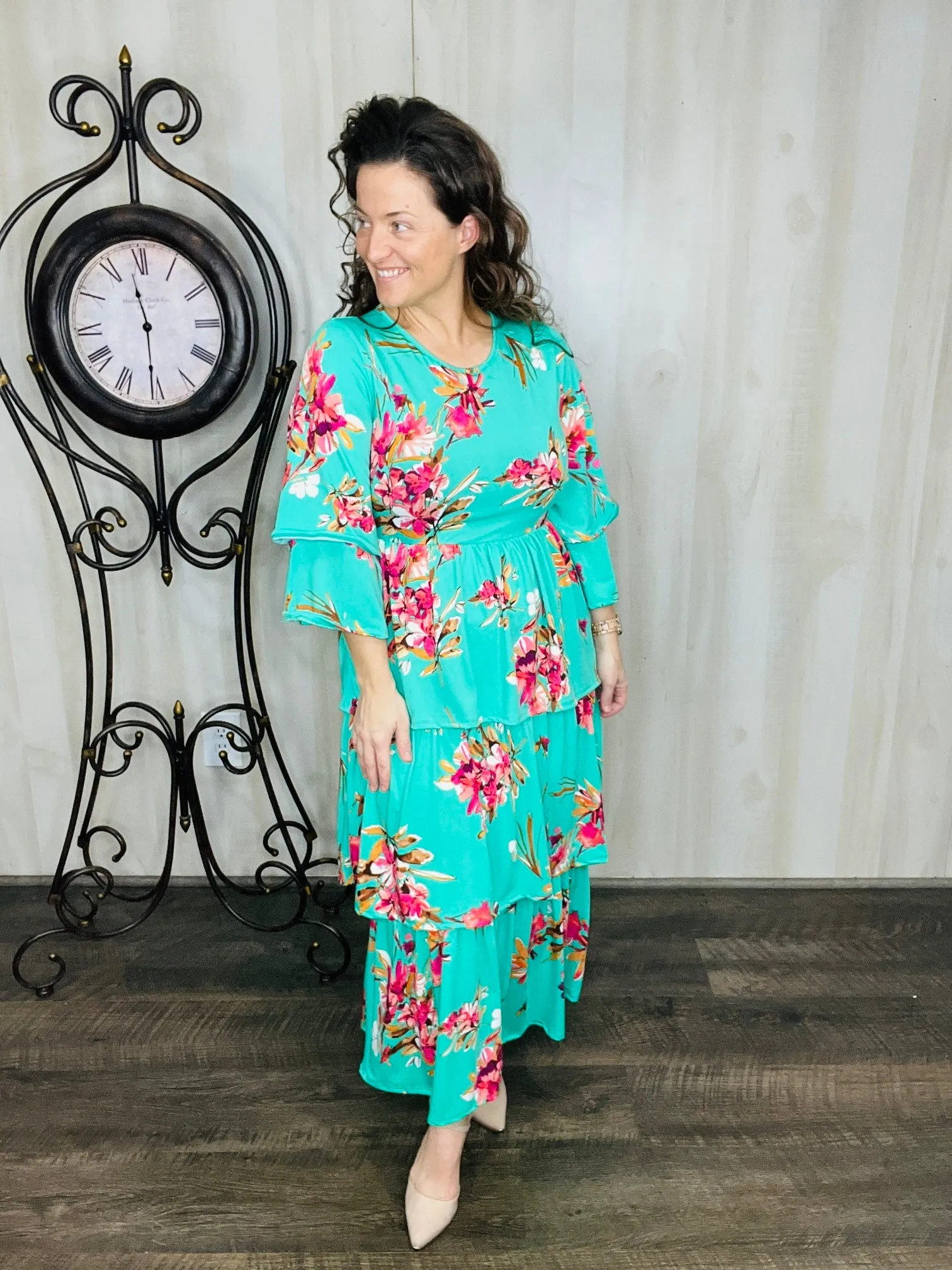 Juliet Ruffle Dress- Mint Floral