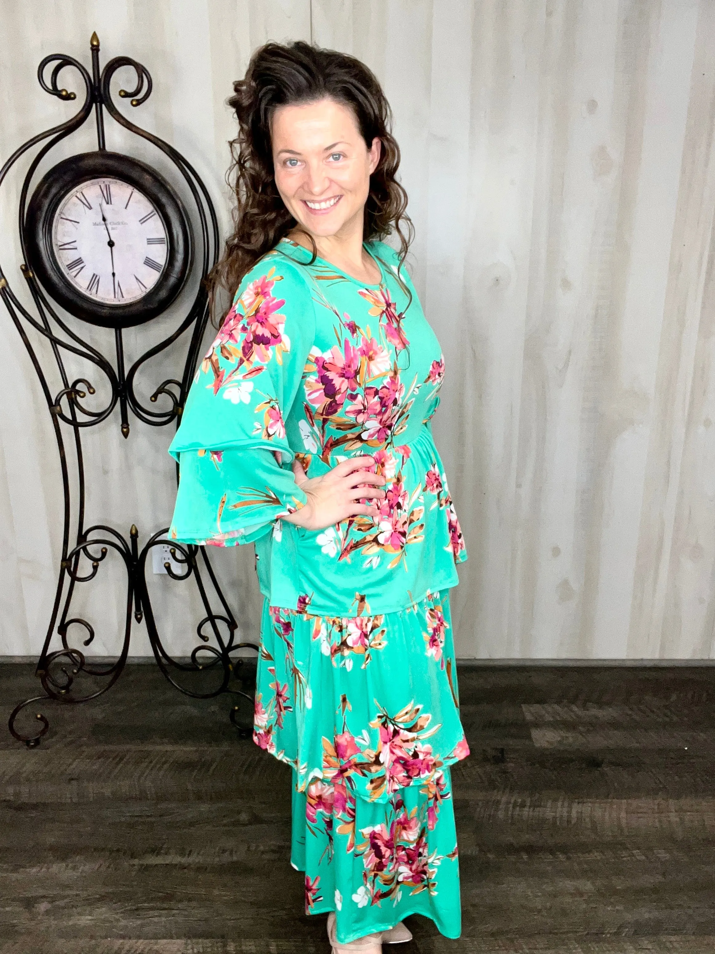 Juliet Ruffle Dress- Mint Floral