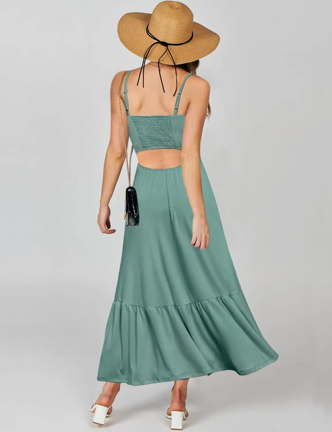 Kranda Women Summer Sleeveless Casual Long Maxi Vacation Beach Dresses V Neck Smocked Flowy Tiered Sundress with Pockets