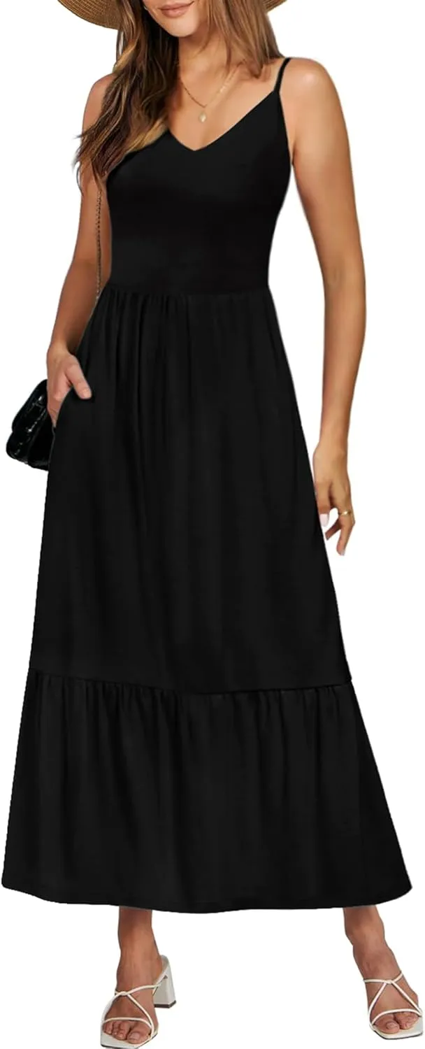 Kranda Women Summer Sleeveless Casual Long Maxi Vacation Beach Dresses V Neck Smocked Flowy Tiered Sundress with Pockets