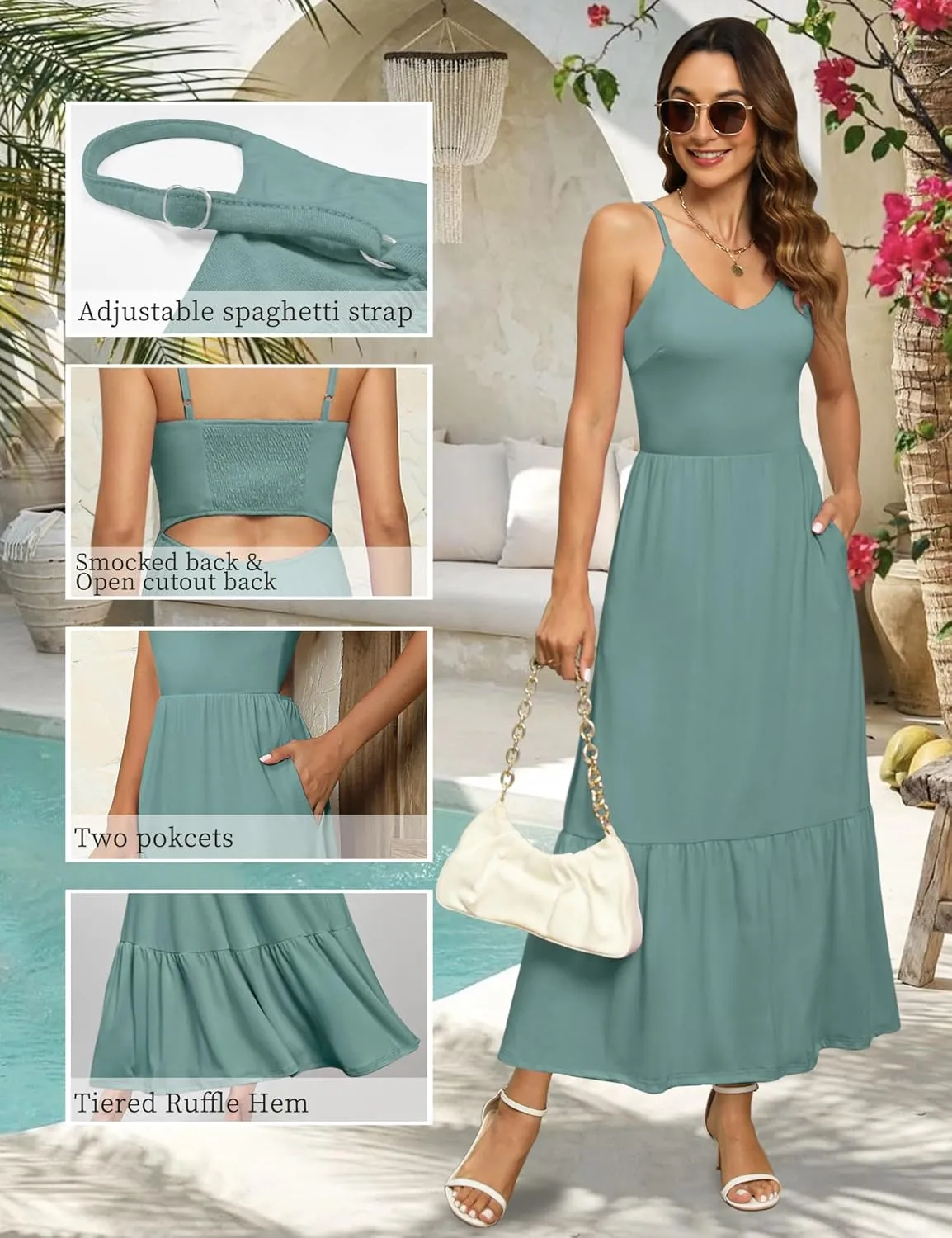Kranda Women Summer Sleeveless Casual Long Maxi Vacation Beach Dresses V Neck Smocked Flowy Tiered Sundress with Pockets