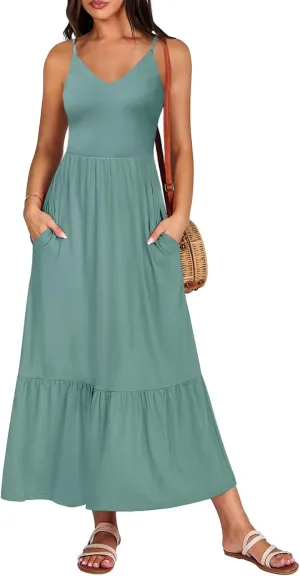 Kranda Women Summer Sleeveless Casual Long Maxi Vacation Beach Dresses V Neck Smocked Flowy Tiered Sundress with Pockets