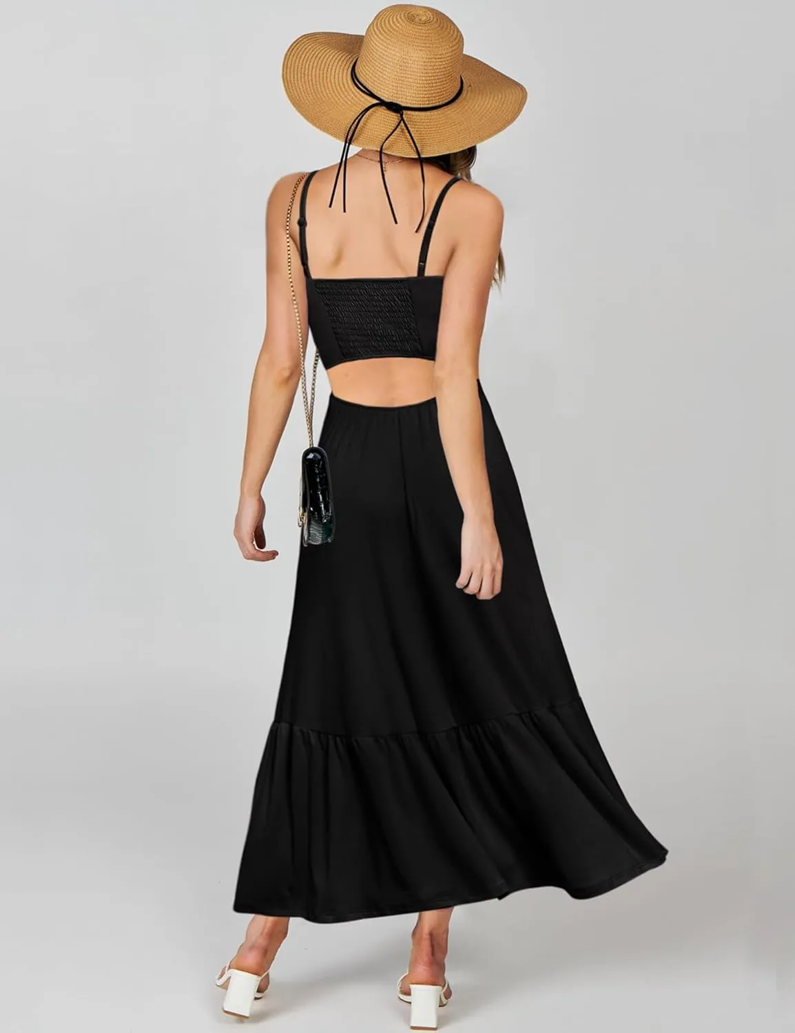 Kranda Women Summer Sleeveless Casual Long Maxi Vacation Beach Dresses V Neck Smocked Flowy Tiered Sundress with Pockets