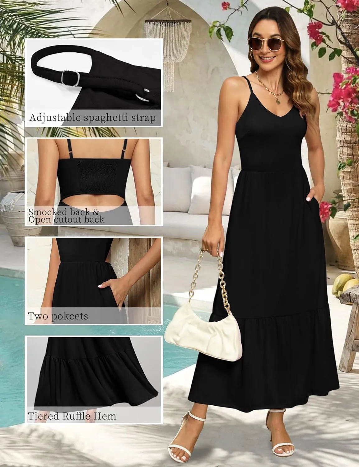 Kranda Women Summer Sleeveless Casual Long Maxi Vacation Beach Dresses V Neck Smocked Flowy Tiered Sundress with Pockets