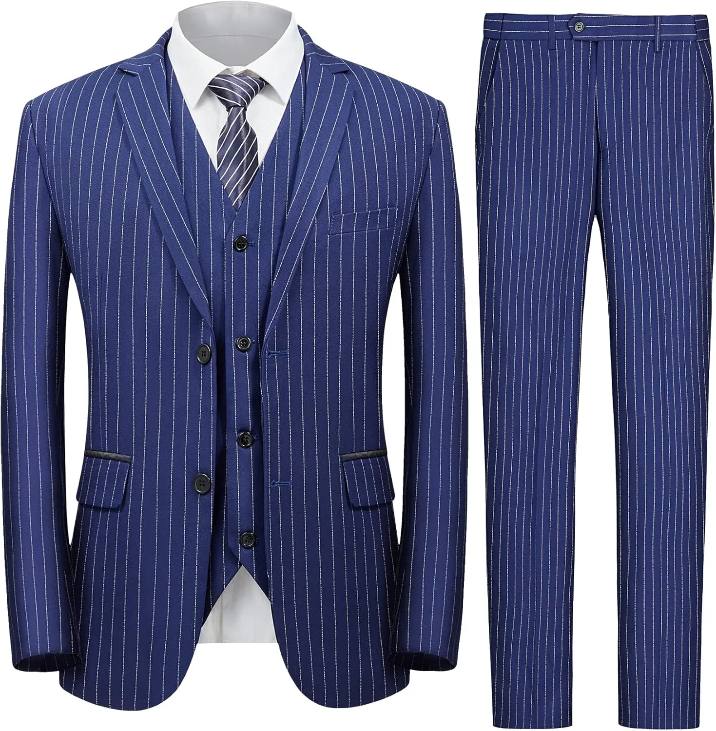 MAGE MALE Mens Pinstripe 3 Piece Suit Slim Fit Elegant Single Breasted Business Wedding Party Blazer Vest& Pants Set