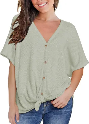 MIHOLL Womens Loose Blouse Short Sleeve V Neck Button Down T Shirts Tie Front Knot Casual Tops