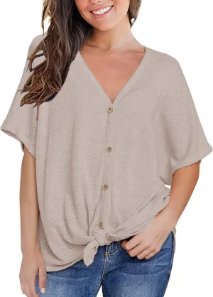 MIHOLL Womens Loose Blouse Short Sleeve V Neck Button Down T Shirts Tie Front Knot Casual Tops