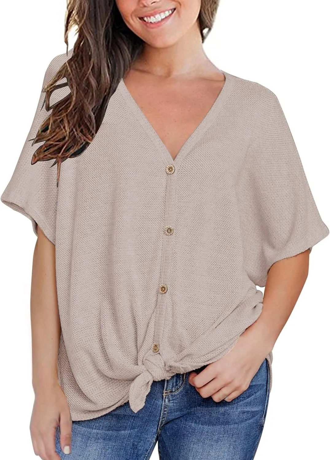 MIHOLL Womens Loose Blouse Short Sleeve V Neck Button Down T Shirts Tie Front Knot Casual Tops