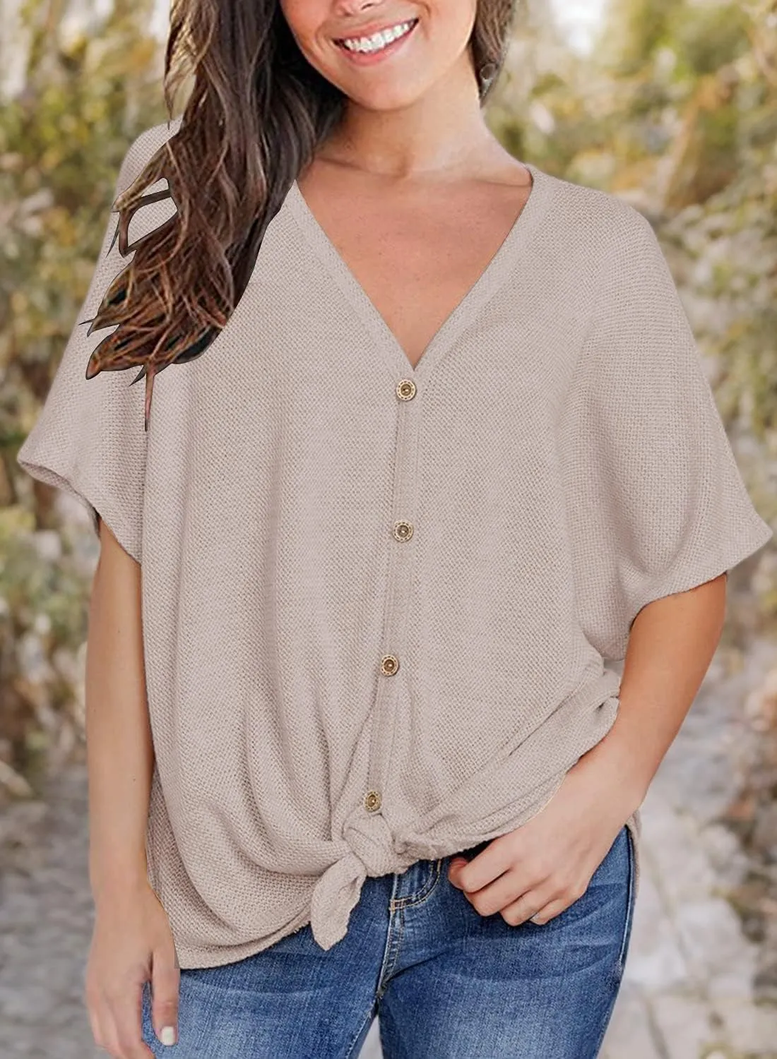 MIHOLL Womens Loose Blouse Short Sleeve V Neck Button Down T Shirts Tie Front Knot Casual Tops