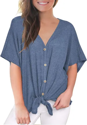 MIHOLL Womens Loose Blouse Short Sleeve V Neck Button Down T Shirts Tie Front Knot Casual Tops