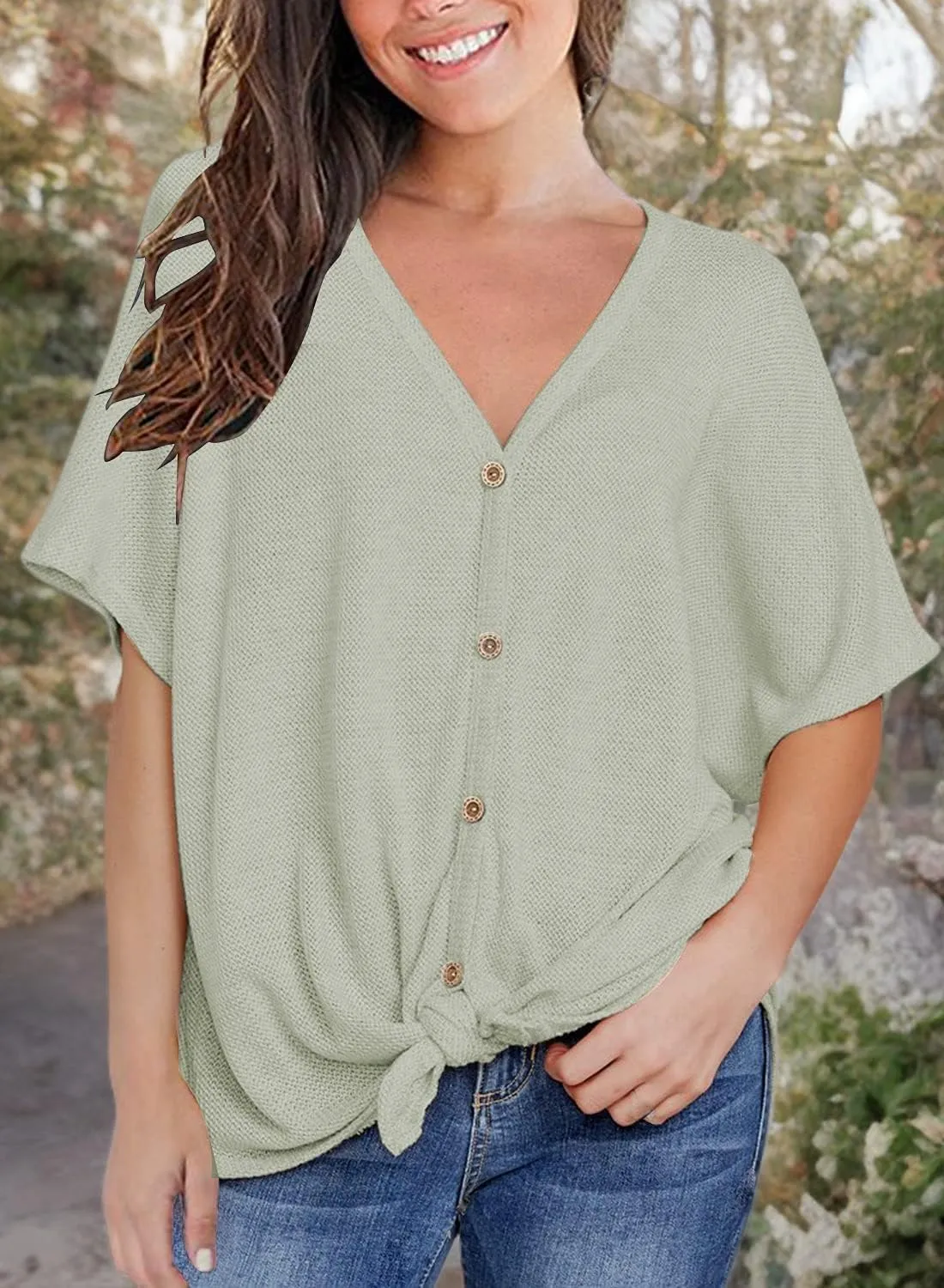 MIHOLL Womens Loose Blouse Short Sleeve V Neck Button Down T Shirts Tie Front Knot Casual Tops