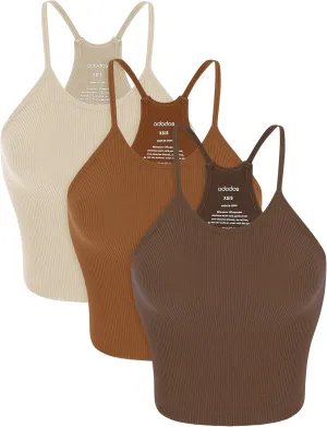 ODODOS Women's Crop 3-Pack Seamless Rib-Knit Camisole Crop Tank Tops