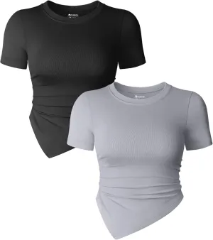 OQQ Women's 2 Piece Tops Short Sleeve Crew Neck Ruched Stretch Fitted Tee Shirts Tops