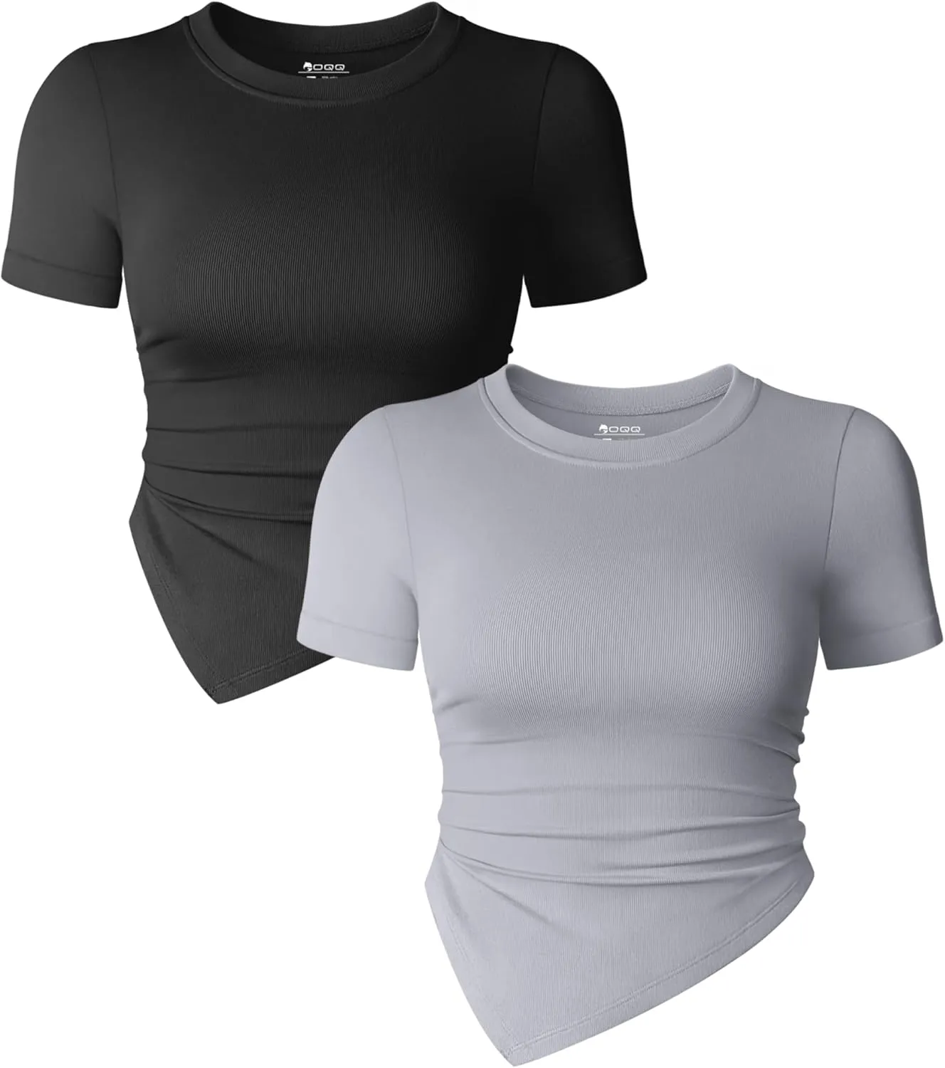 OQQ Women's 2 Piece Tops Short Sleeve Crew Neck Ruched Stretch Fitted Tee Shirts Tops