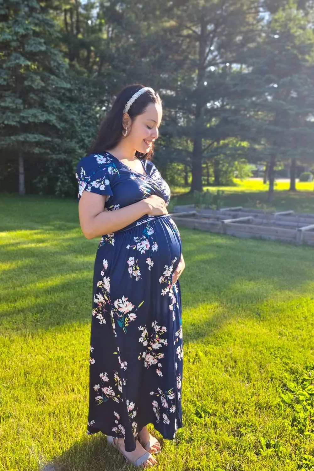 OUGES Maternity Maxi Dress Wrap V Neck Baby Shower Pregnancy Dresses for Photoshoot