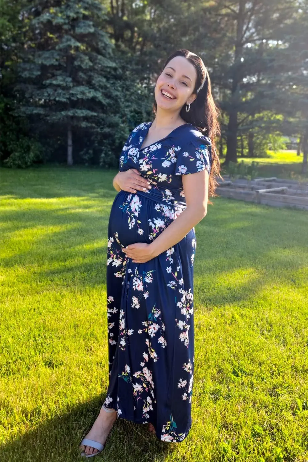 OUGES Maternity Maxi Dress Wrap V Neck Baby Shower Pregnancy Dresses for Photoshoot