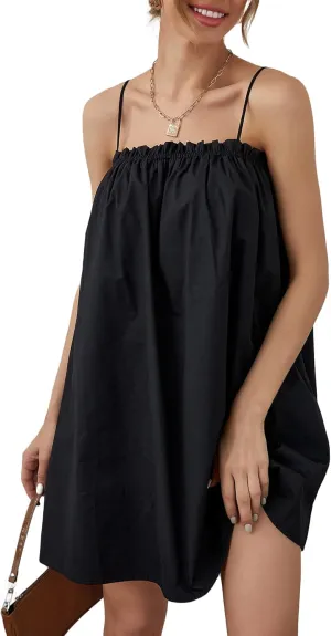 OYOANGLE Women's Spaghetti Straps Sleeveless Loose Ruffle A Line Cami Short Dress with Pocket
