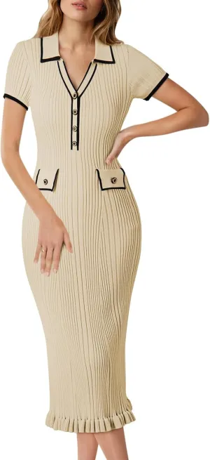 Pink Queen Women's Elegant Bodycon Dress 2025 Short Sleeve V Neck Half Button Cocktail Party Ribbed Knit Long Sweater Dress