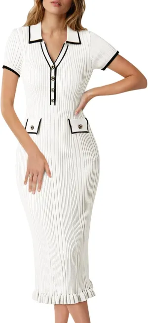 Pink Queen Women's Elegant Bodycon Dress 2025 Short Sleeve V Neck Half Button Cocktail Party Ribbed Knit Long Sweater Dress
