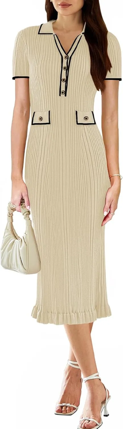 Pink Queen Women's Elegant Bodycon Dress 2025 Short Sleeve V Neck Half Button Cocktail Party Ribbed Knit Long Sweater Dress