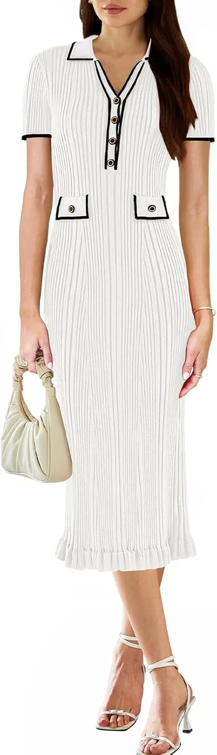 Pink Queen Women's Elegant Bodycon Dress 2025 Short Sleeve V Neck Half Button Cocktail Party Ribbed Knit Long Sweater Dress