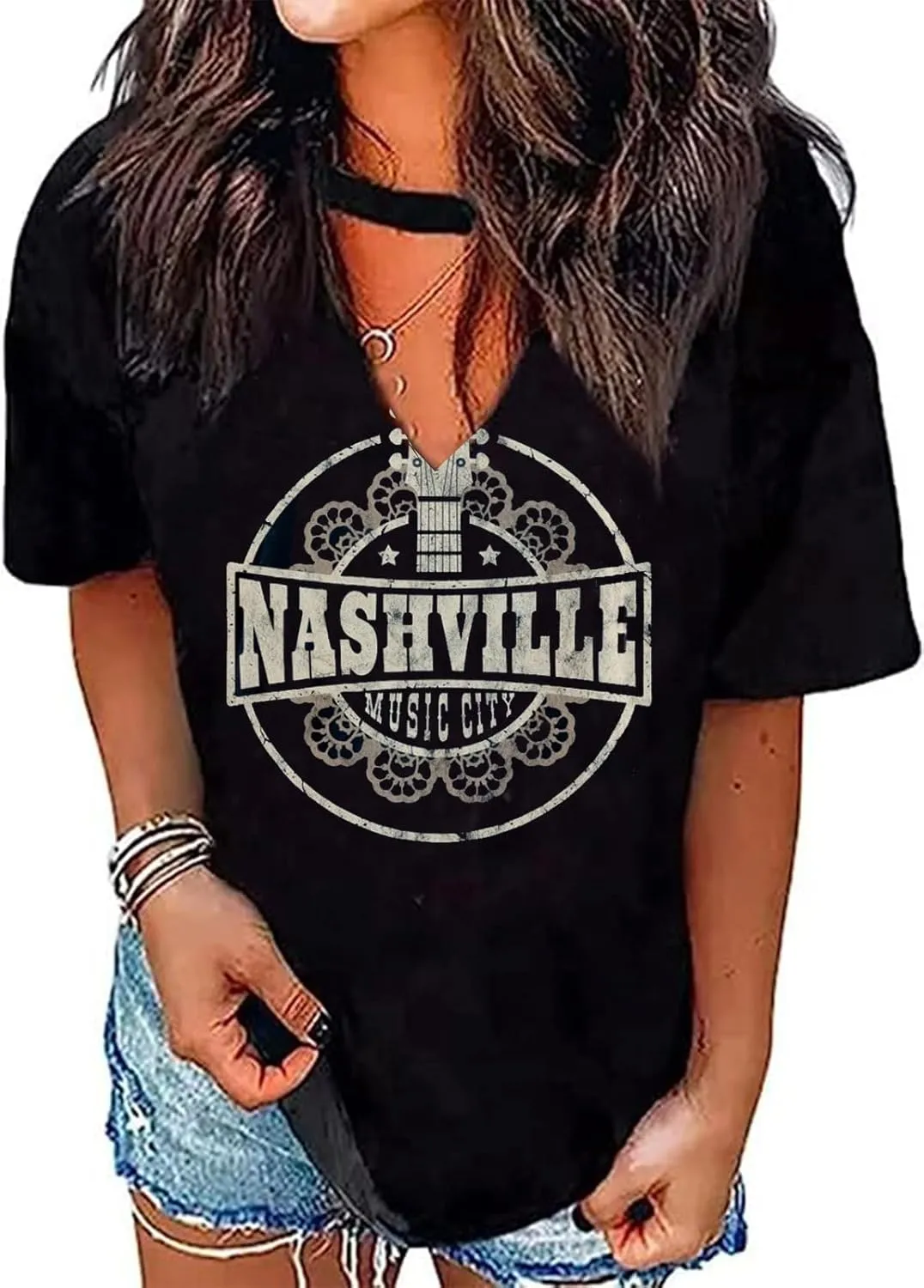 Rock Roll Criss-Cross Hollow Out T-Shirt Women Vintage Concert Rock Band Shirt Retro Country Music Short Sleeve Tops