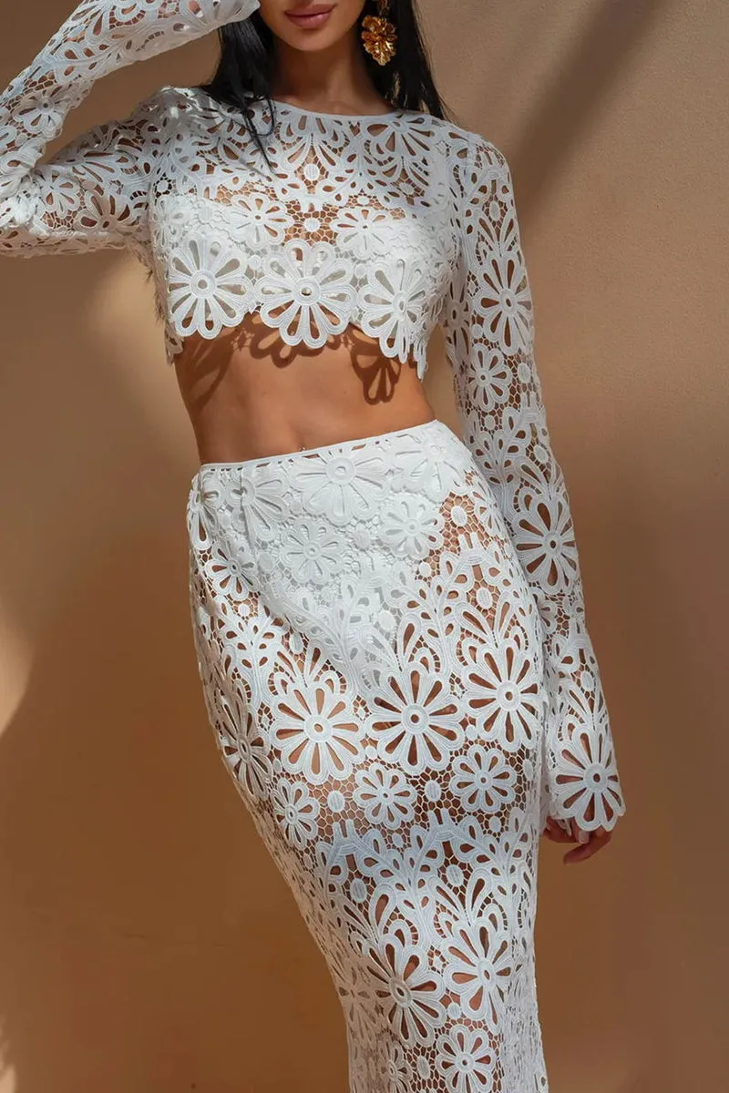 Sexy Solid Color Lace Hollow Out O Neck Long Sleeve Two Pieces