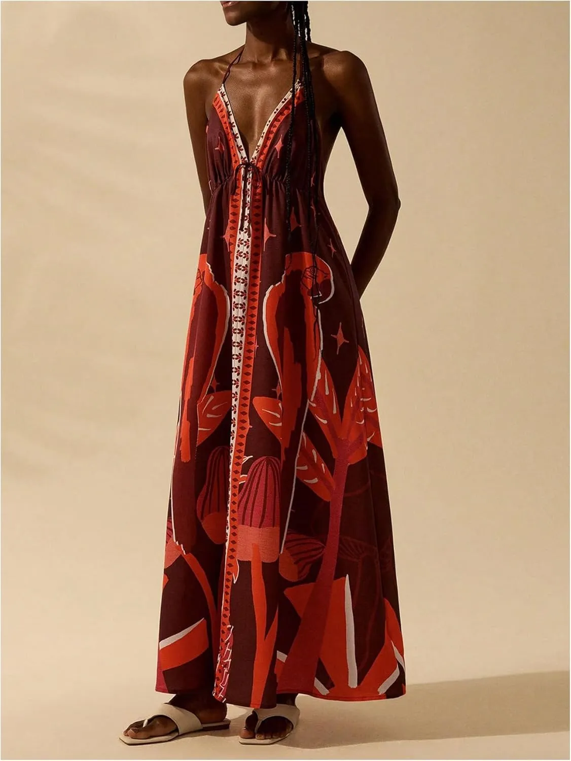 SOLY HUX Women's Boho Floral Print Maxi Dress Halter Backless Flowy Long Vacation Beach Summer Dresses