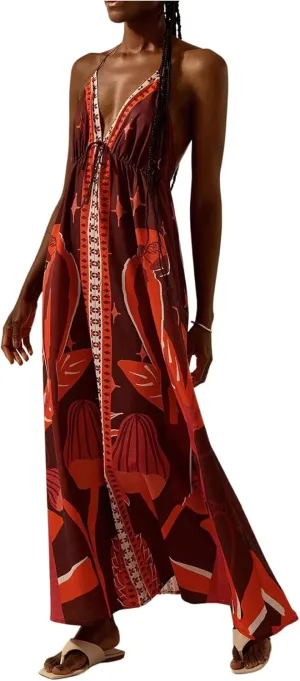 SOLY HUX Women's Boho Floral Print Maxi Dress Halter Backless Flowy Long Vacation Beach Summer Dresses