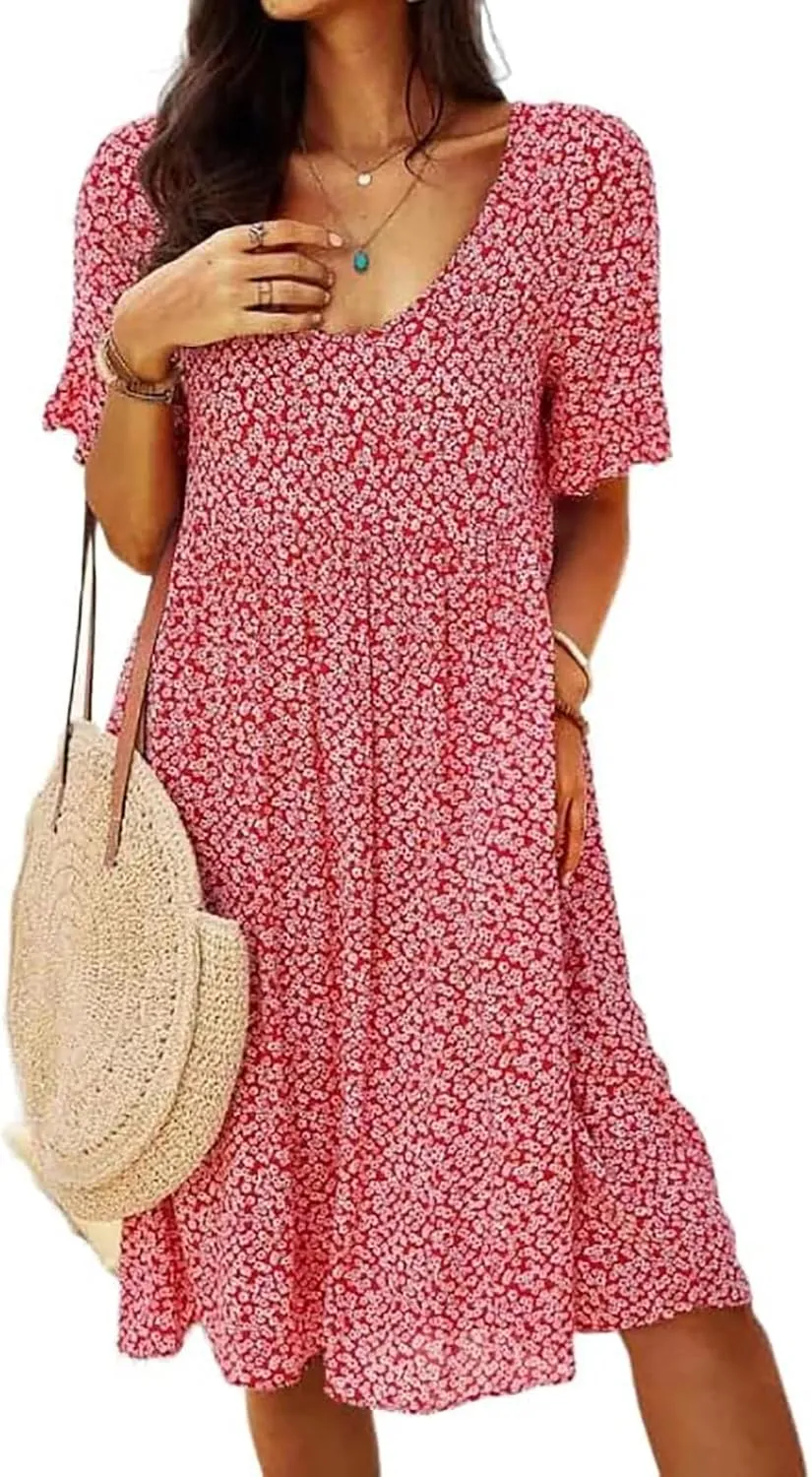 Summer Dresses for Women 2025 Boho Floral Flowy Midi Sundress Short Sleeve Scoop Neck Casual Loose Short Dresses