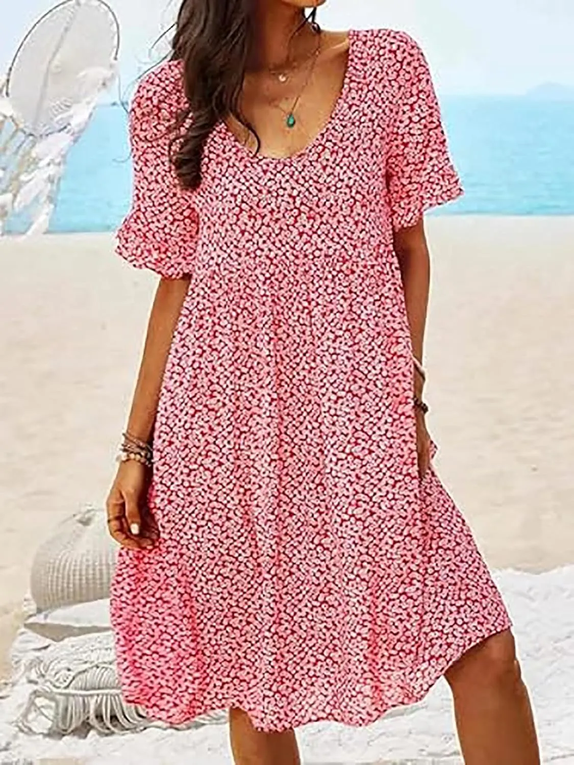Summer Dresses for Women 2025 Boho Floral Flowy Midi Sundress Short Sleeve Scoop Neck Casual Loose Short Dresses