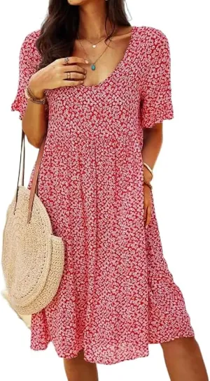 Summer Dresses for Women 2025 Boho Floral Flowy Midi Sundress Short Sleeve Scoop Neck Casual Loose Short Dresses