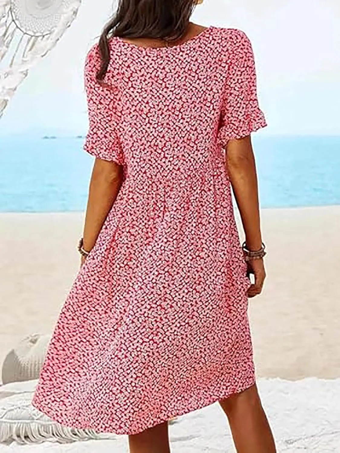 Summer Dresses for Women 2025 Boho Floral Flowy Midi Sundress Short Sleeve Scoop Neck Casual Loose Short Dresses