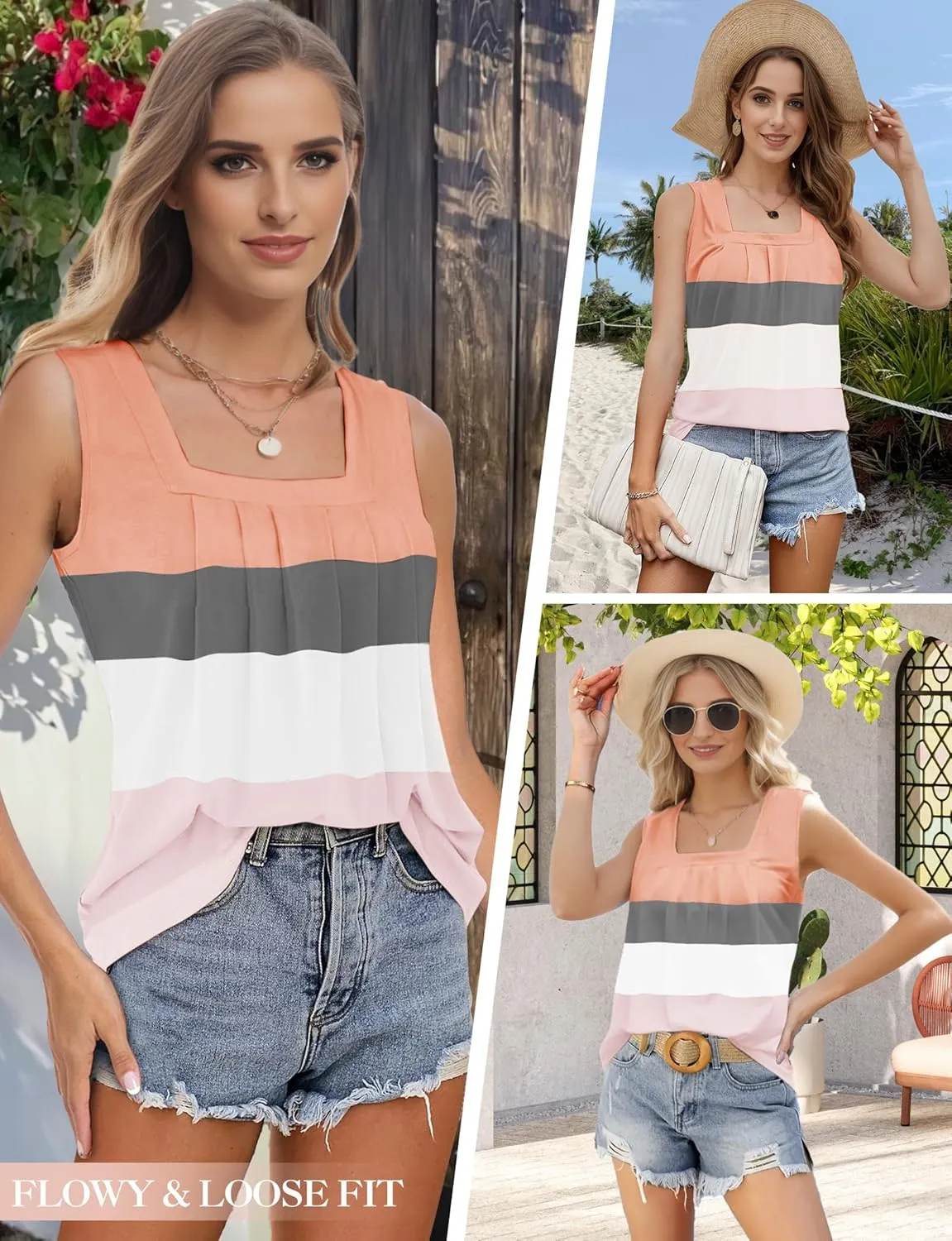 Summer Tank Tops for Women Loose Fit Pleated Square Neck Sleeveless Tops Flowy Blouse Short Sleeve Tops Basic Shirts