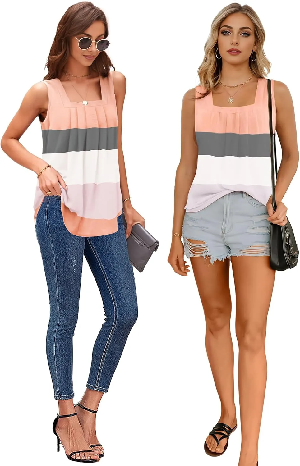 Summer Tank Tops for Women Loose Fit Pleated Square Neck Sleeveless Tops Flowy Blouse Short Sleeve Tops Basic Shirts
