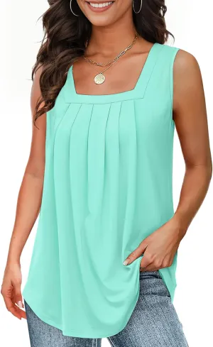 Tank Tops for Women Summer, Loose Fit Pleated Square Neck Sleeveless Tops Flowy Blouse Going Out Tops Basic Shirts