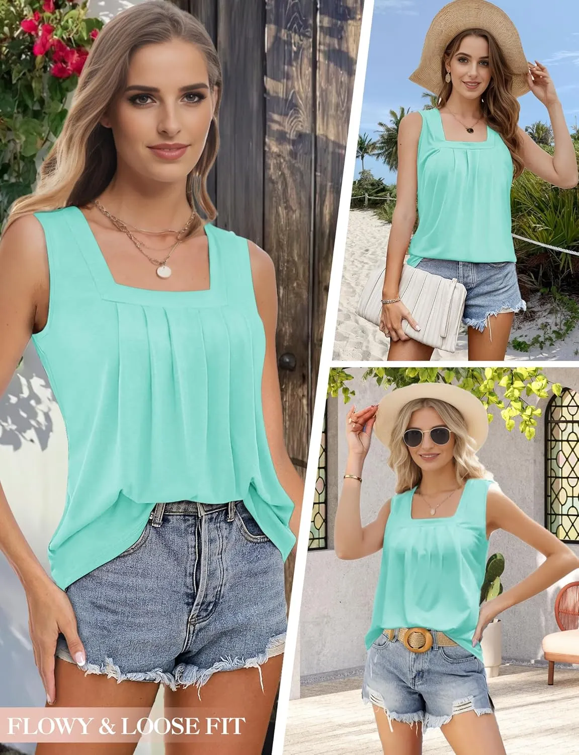 Tank Tops for Women Summer, Loose Fit Pleated Square Neck Sleeveless Tops Flowy Blouse Going Out Tops Basic Shirts