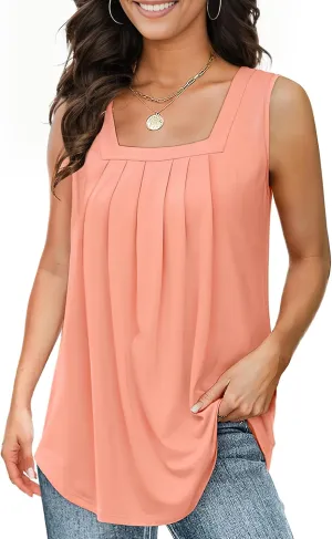 Tank Tops for Women Summer, Loose Fit Pleated Square Neck Sleeveless Tops Flowy Blouse Going Out Tops Basic Shirts