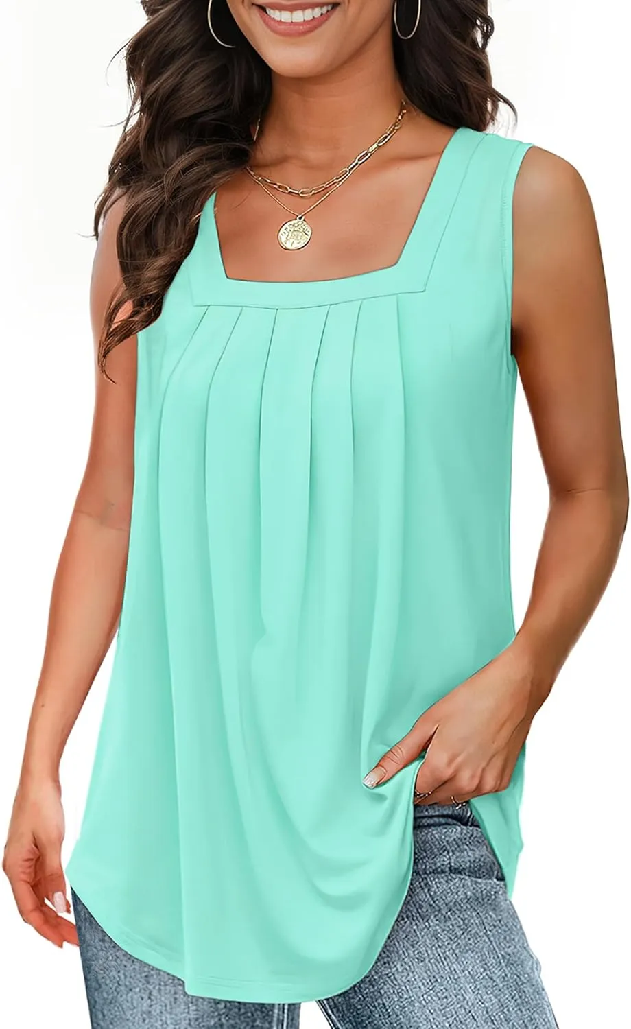 Tank Tops for Women Summer, Loose Fit Pleated Square Neck Sleeveless Tops Flowy Blouse Going Out Tops Basic Shirts