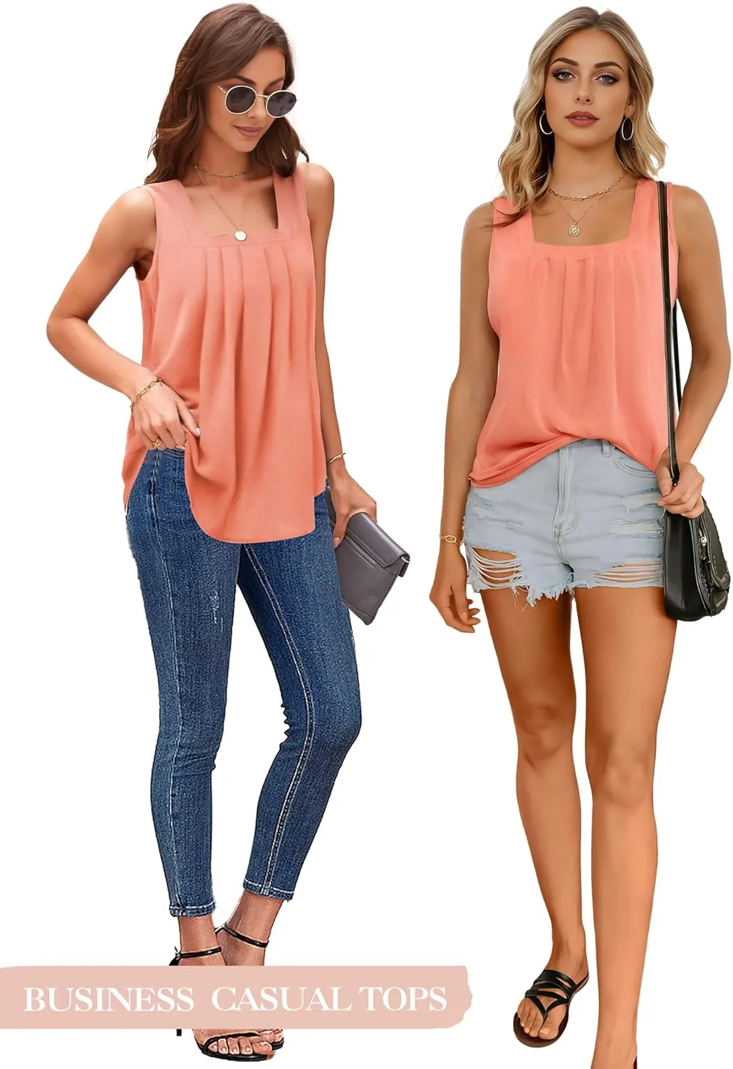 Tank Tops for Women Summer, Loose Fit Pleated Square Neck Sleeveless Tops Flowy Blouse Going Out Tops Basic Shirts