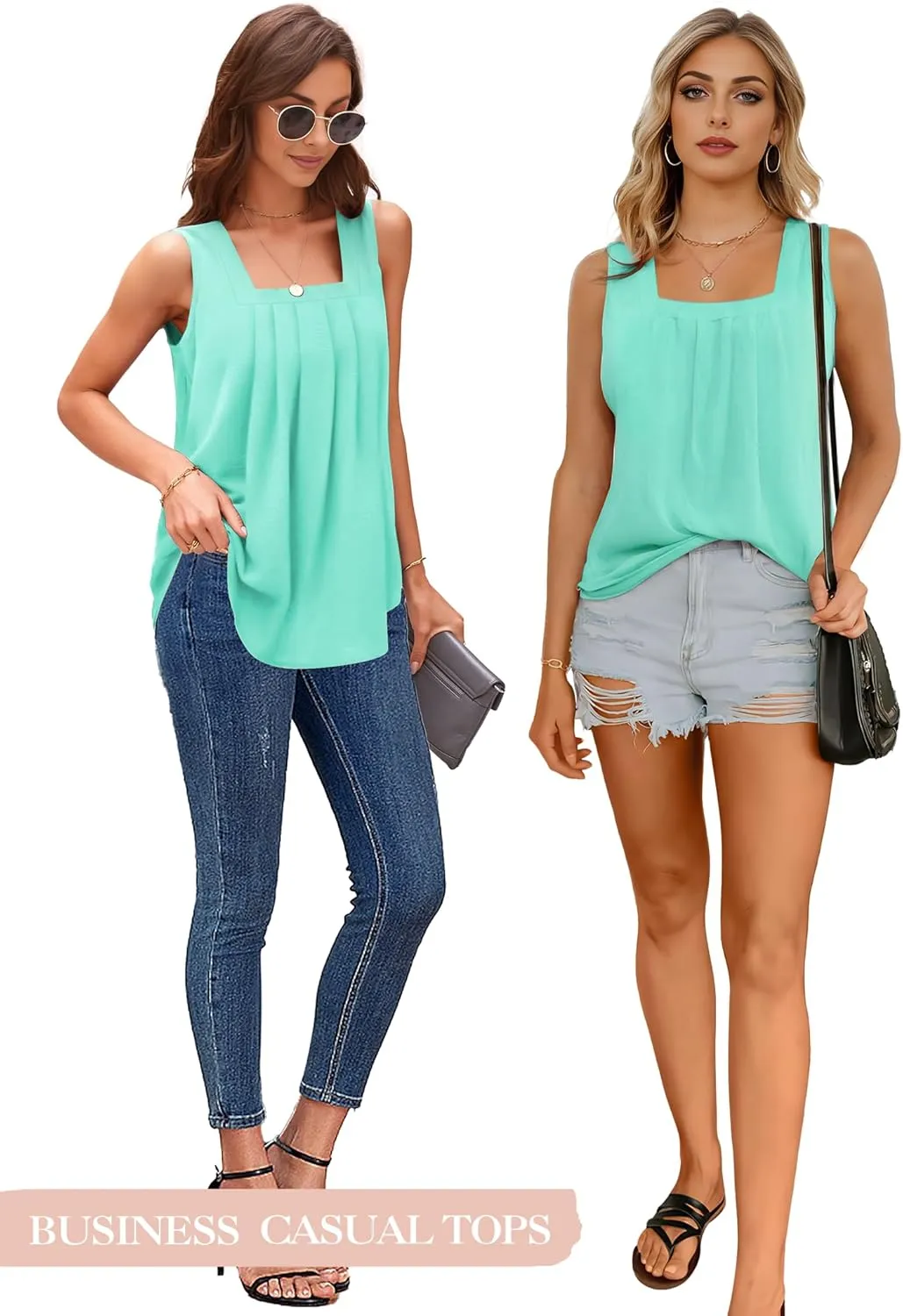 Tank Tops for Women Summer, Loose Fit Pleated Square Neck Sleeveless Tops Flowy Blouse Going Out Tops Basic Shirts