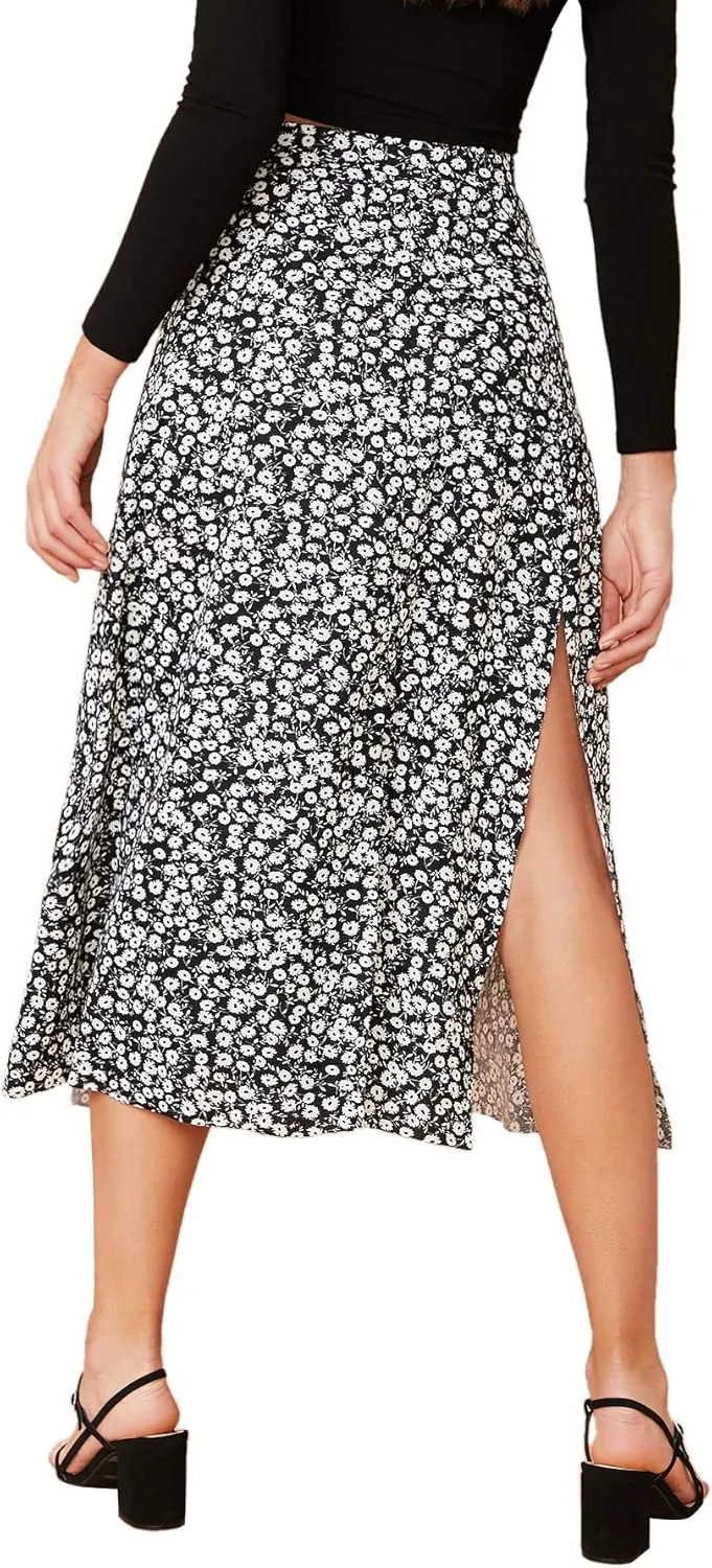 Verdusa Women's Sexy Boho Floral Split Thigh High Waist Swing Midi Skirt