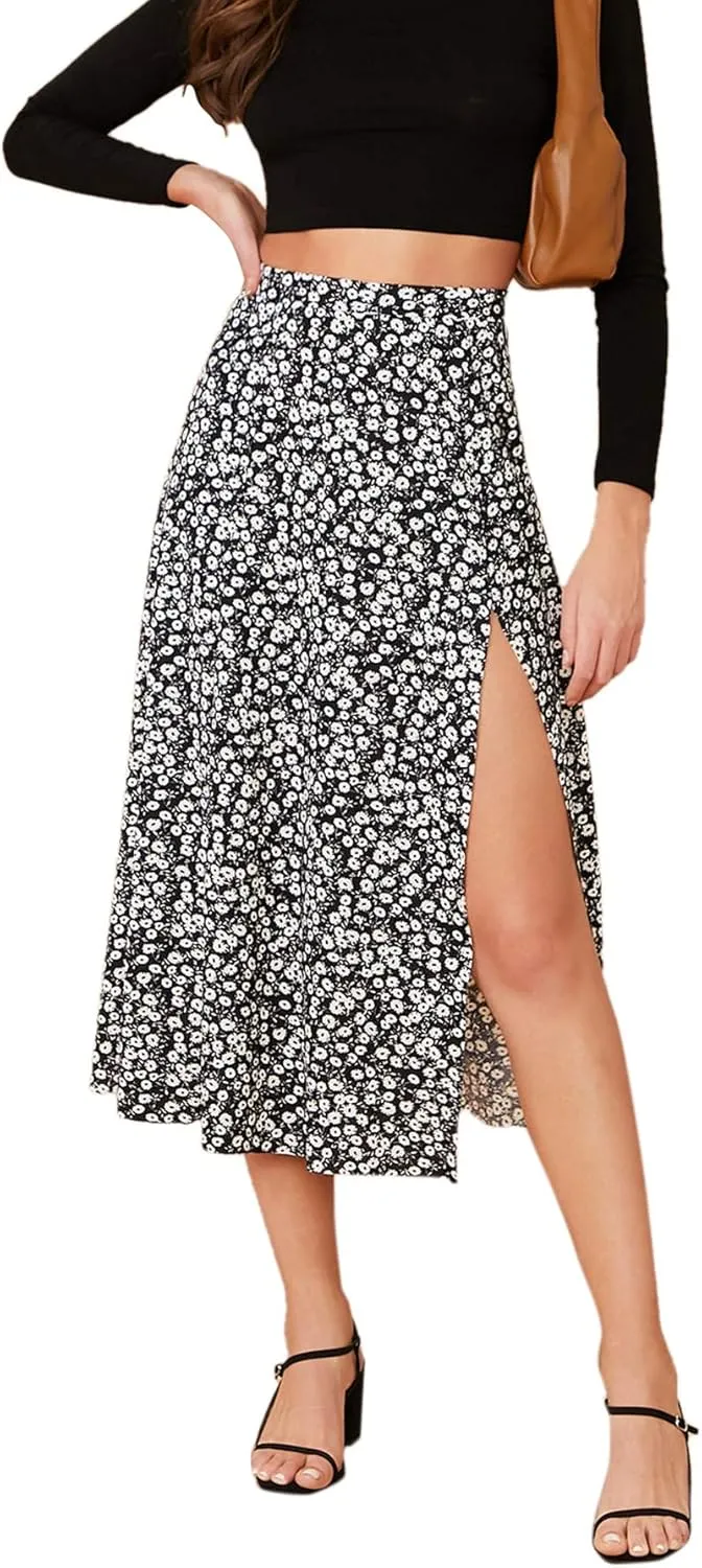 Verdusa Women's Sexy Boho Floral Split Thigh High Waist Swing Midi Skirt