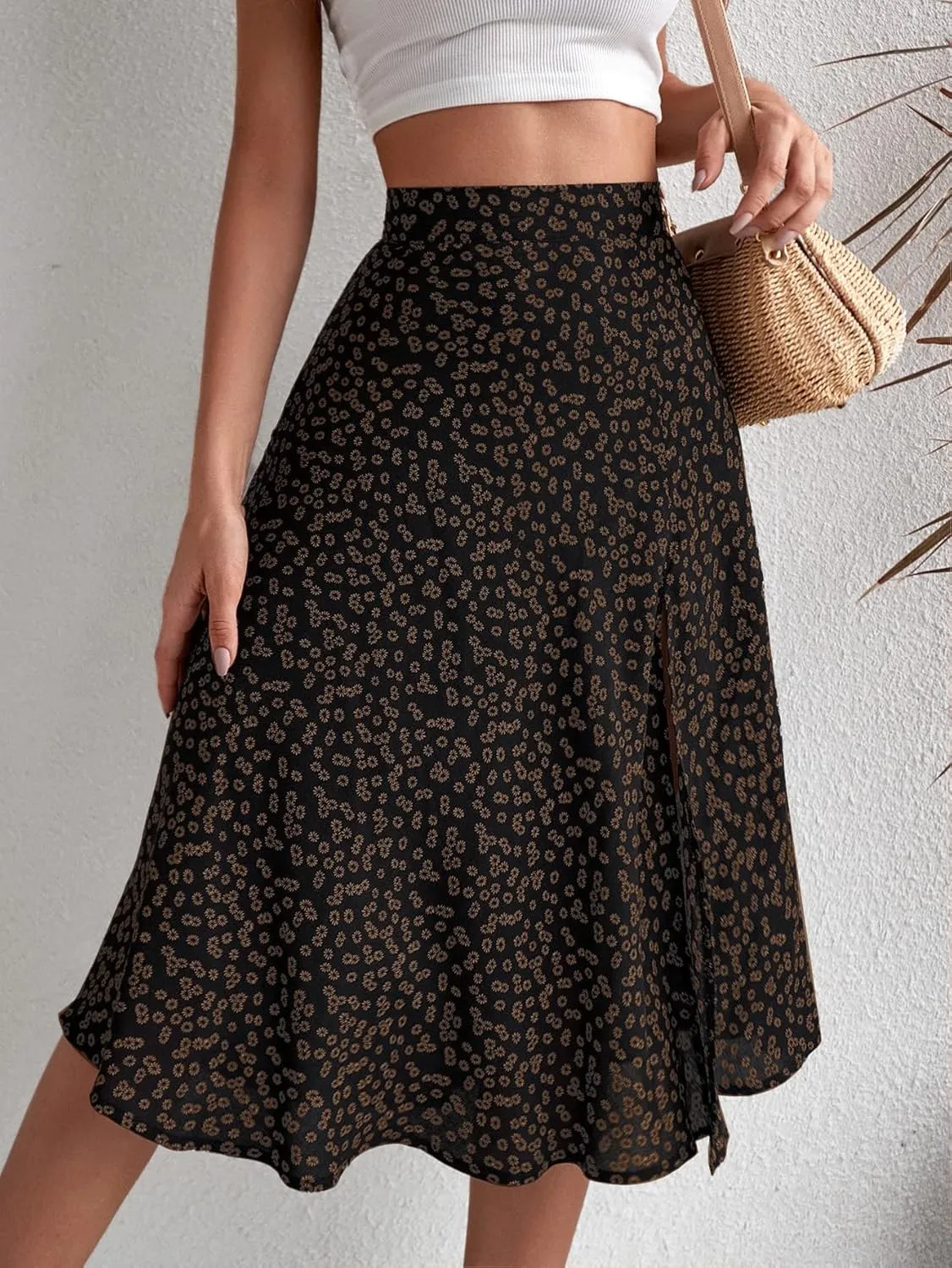 Verdusa Women's Sexy Boho Floral Split Thigh High Waist Swing Midi Skirt