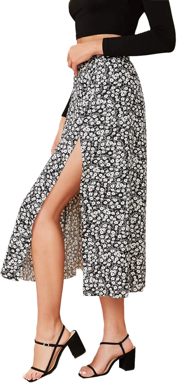 Verdusa Women's Sexy Boho Floral Split Thigh High Waist Swing Midi Skirt