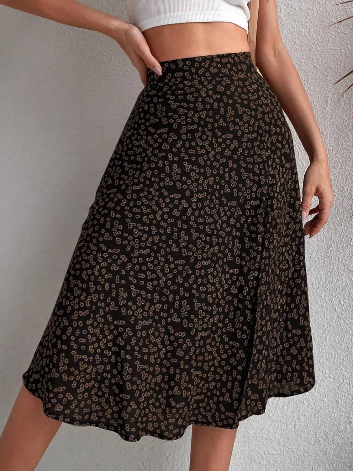 Verdusa Women's Sexy Boho Floral Split Thigh High Waist Swing Midi Skirt