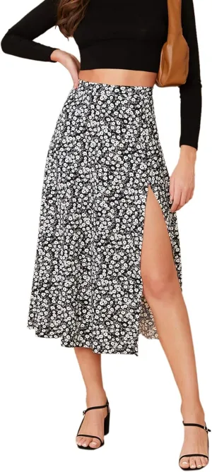 Verdusa Women's Sexy Boho Floral Split Thigh High Waist Swing Midi Skirt